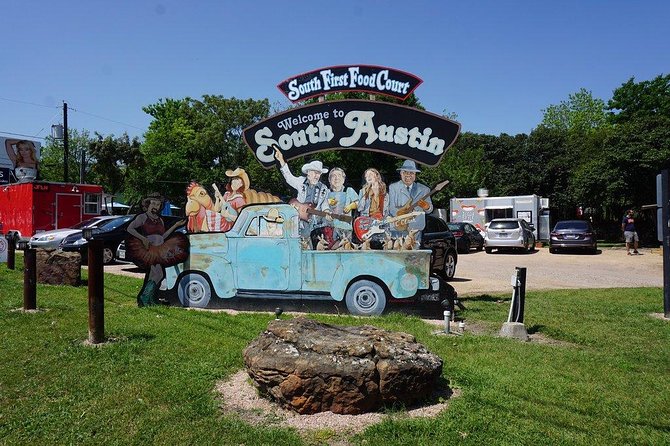 Best of Austin Small-Group Driving Tour with Local Guide - The Greetings from Austin mural and the food truck stop