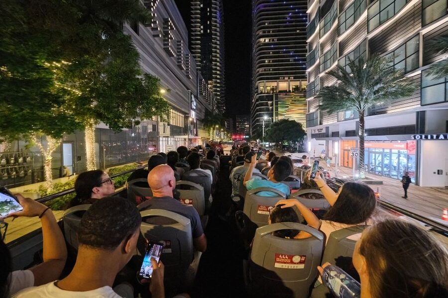 Miami: Open-top Bus Sightseeing Night Tour with Live Guide - The skyline from the Key Biscayne crossing